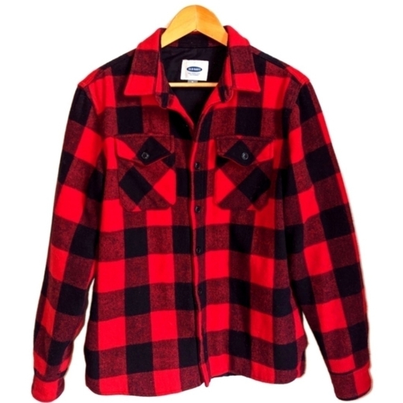 OLD NAVY Buffalo Check Black & Red Wool & Cotton Oversized Shaket Size Medium - Picture 1 of 13